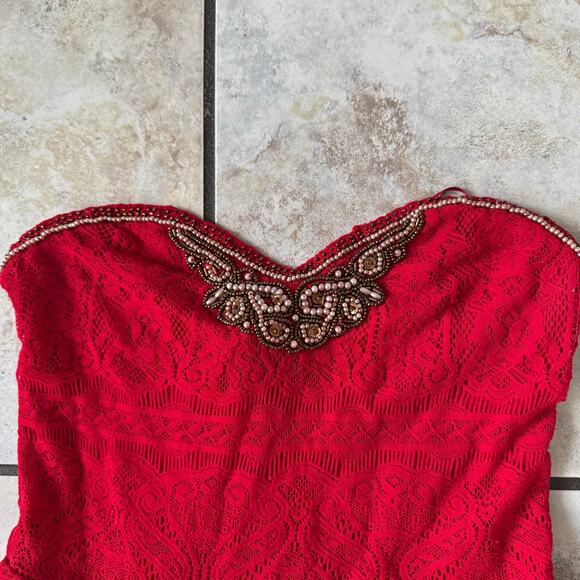 Free People Red Lace Beaded Party Club Boho Dress size XS Cocktail - Picture 8 of 11
